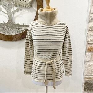 Vintage Hooper Wool Angora Belted Turtleneck Sweater Cream Tan Gray Stripe 8